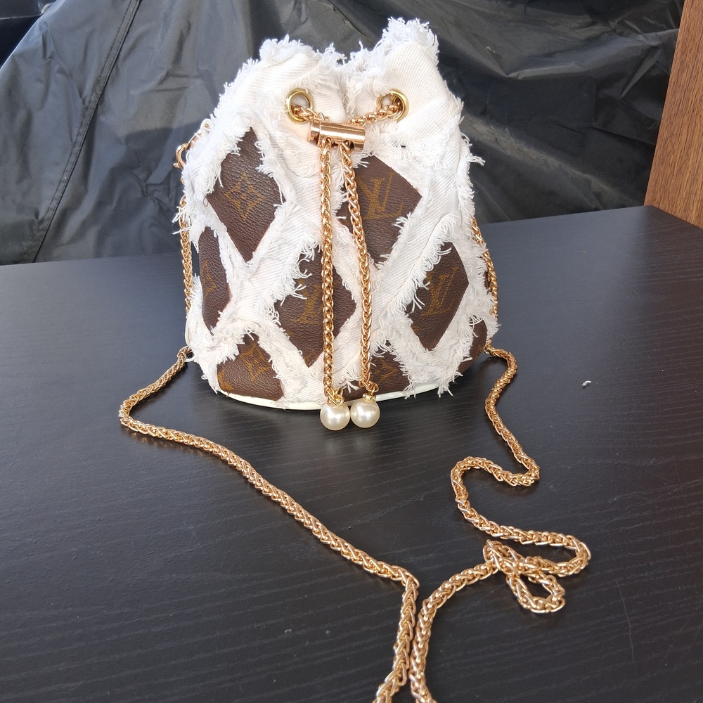 Brown and White Fringe Bucket Crossbody with Gold Chain